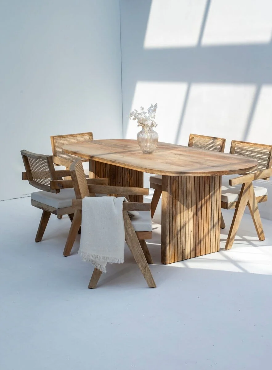 Madeline Oval Dining Table with Slat Flat Legs With 6 Rattan Mango Wood chair