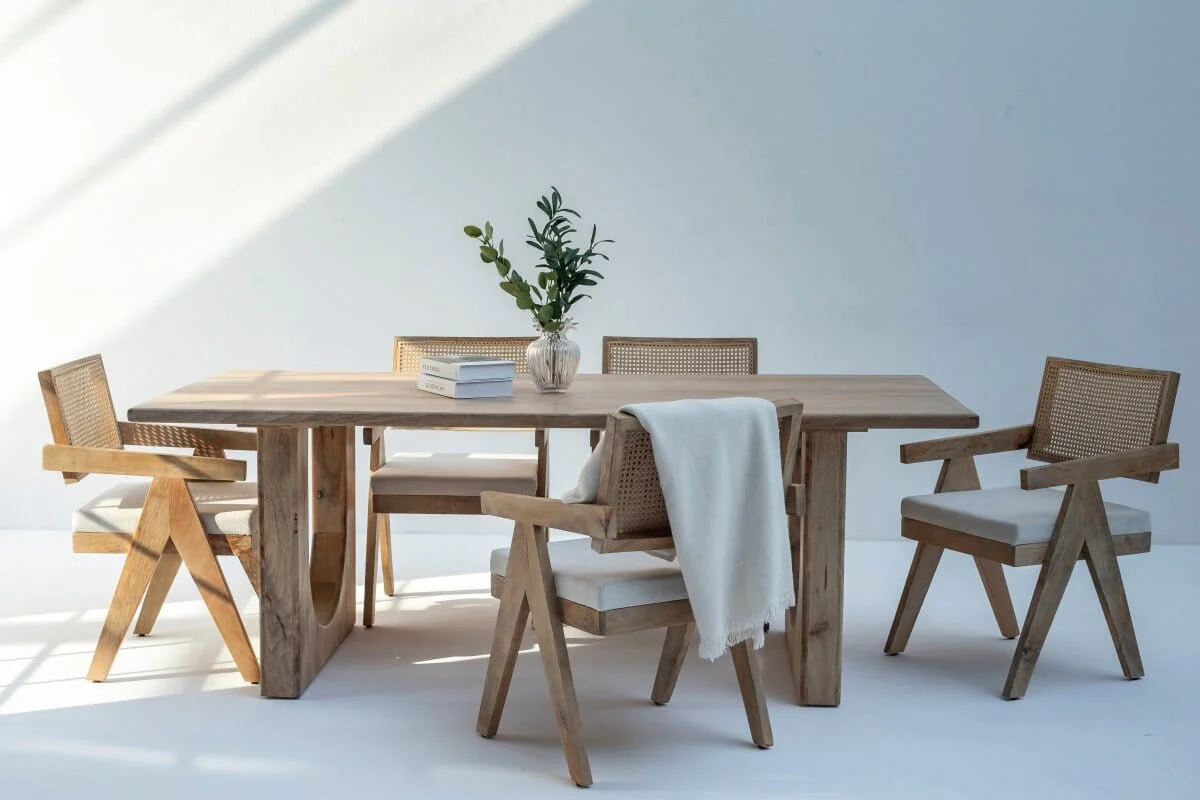 Arura Wood Rectangular Dining Table with Hollow Legs And Rattan Chair