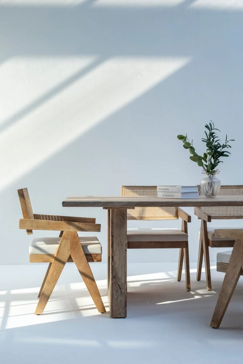 Arura Wood Rectangular Dining Table with Hollow Legs And Rattan Chair
