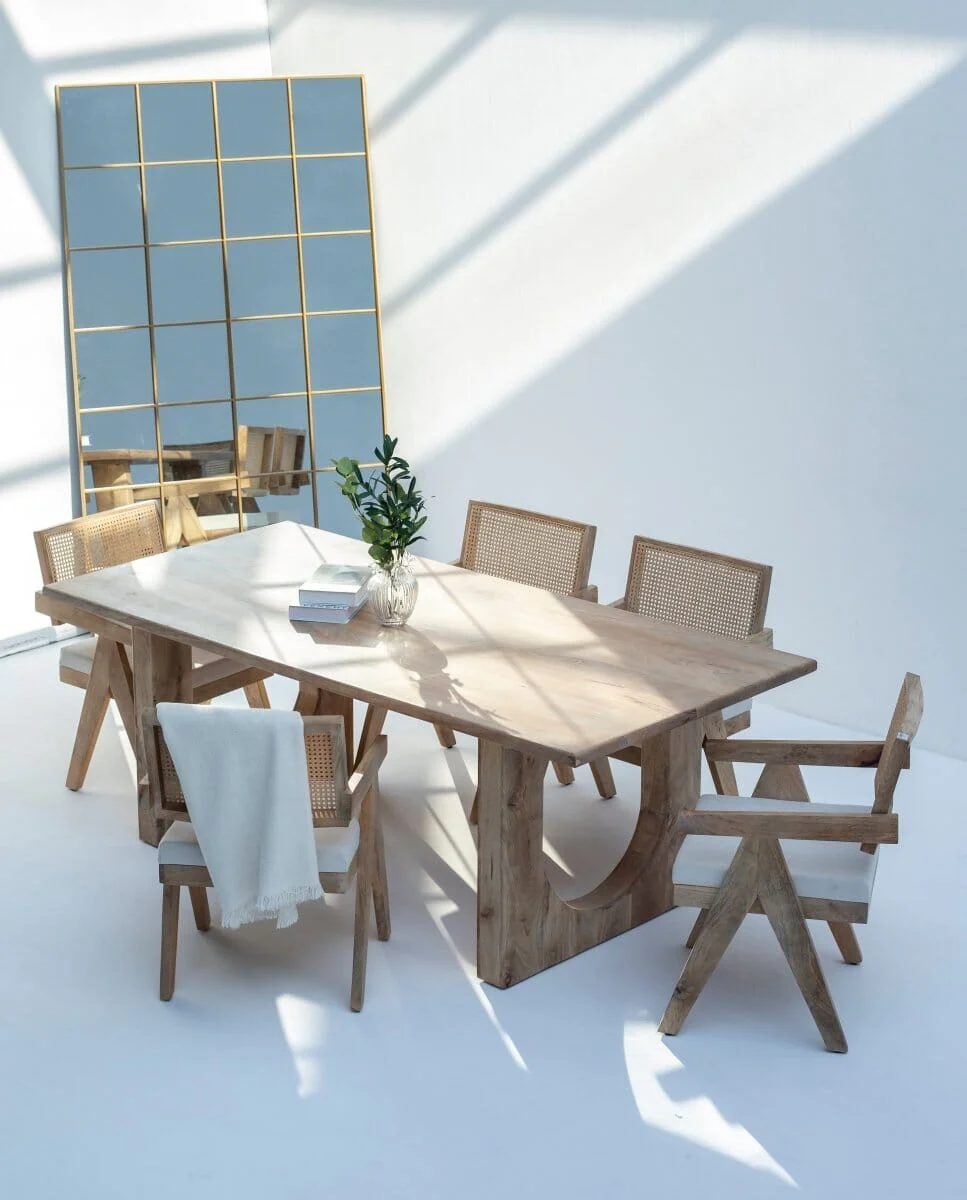 Arura Wood Rectangular Dining Table with Hollow Legs And Rattan Chair