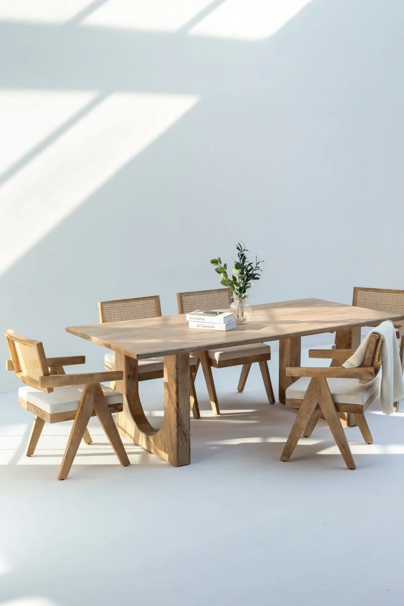 Arura Wood Rectangular Dining Table with Hollow Legs And Rattan Chair