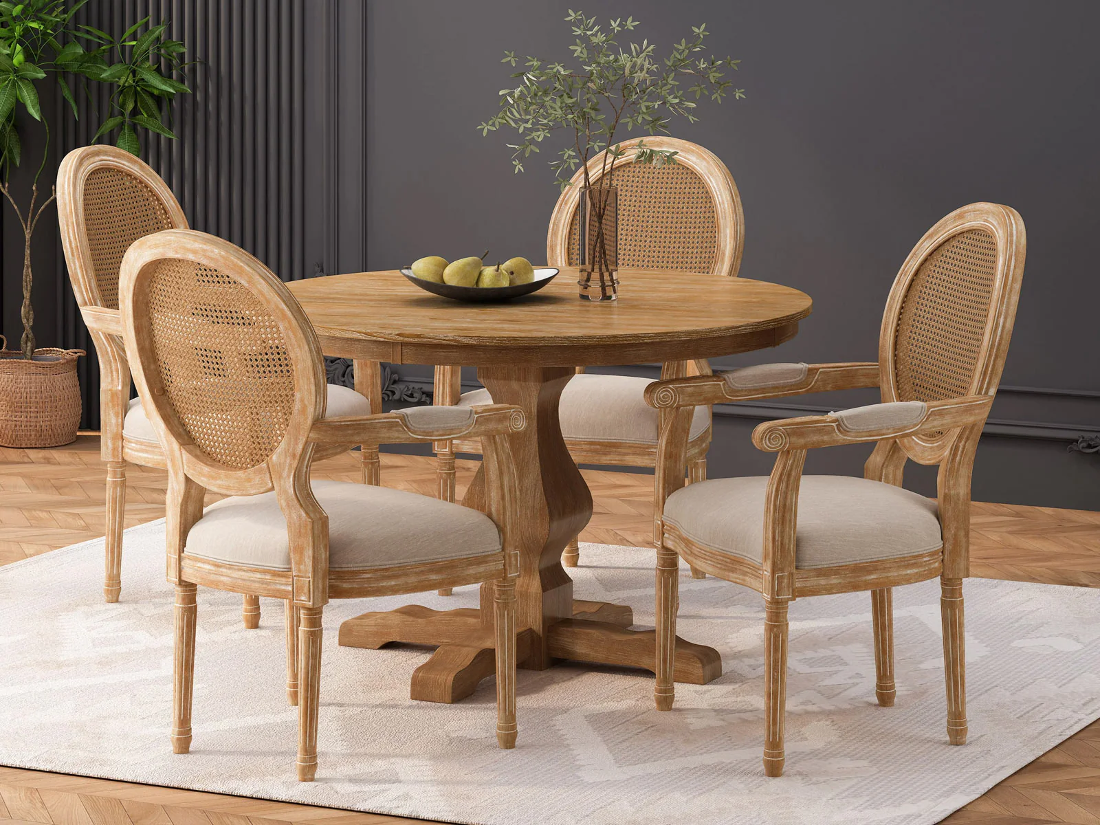 Furneezy Modern Rattan Solid Mango Wood Round 4 Seater Dining Table Set