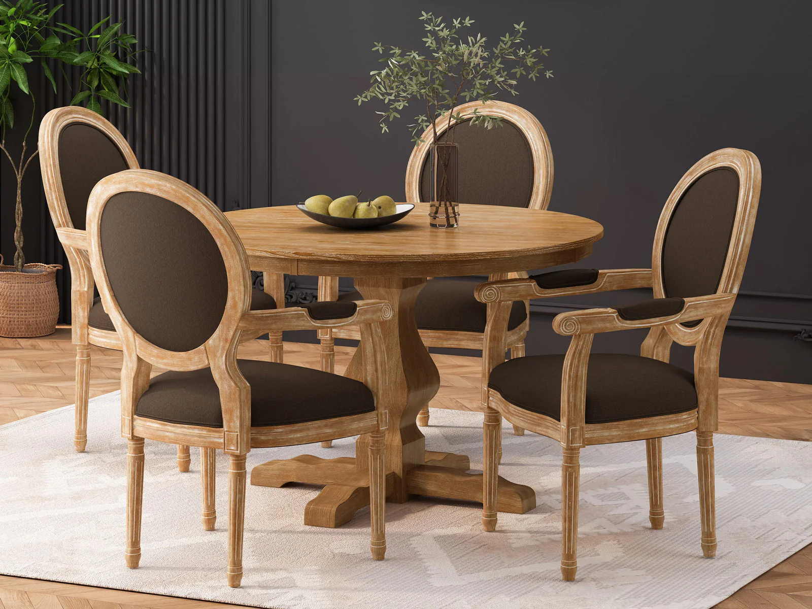 Furneezy Modern Rattan Solid Mango Wood Round 4 Seater Dining Table Set