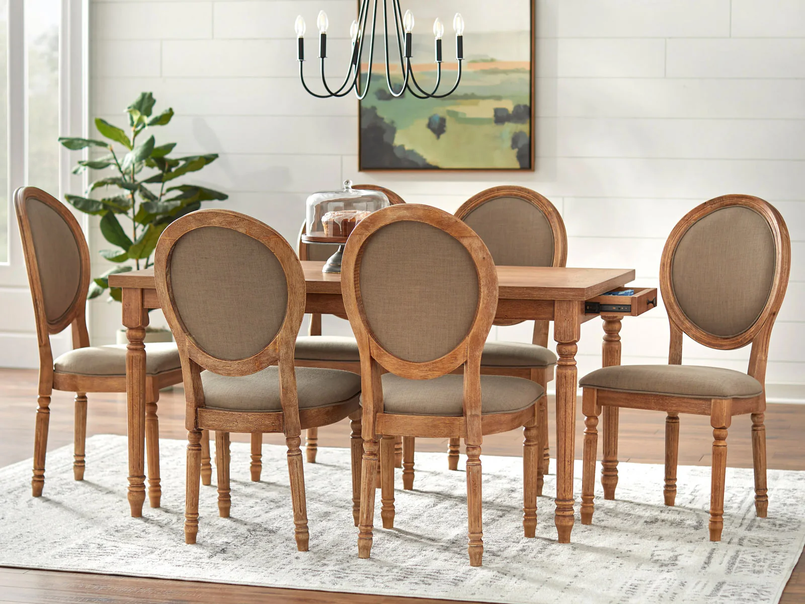 Furneezy Modern Rattan Solid Mango Wood Round 6 Seater Dining Table Set