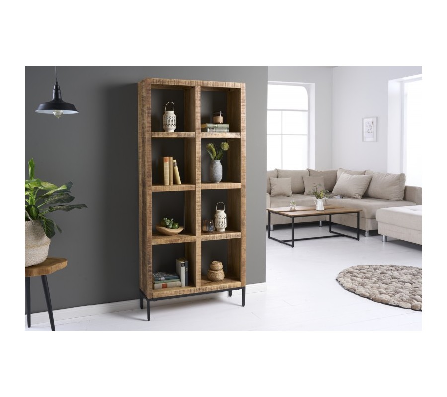 Industrial solid shelf Steele Craft made of mango wood with eight shelves and black metal legs 180cm