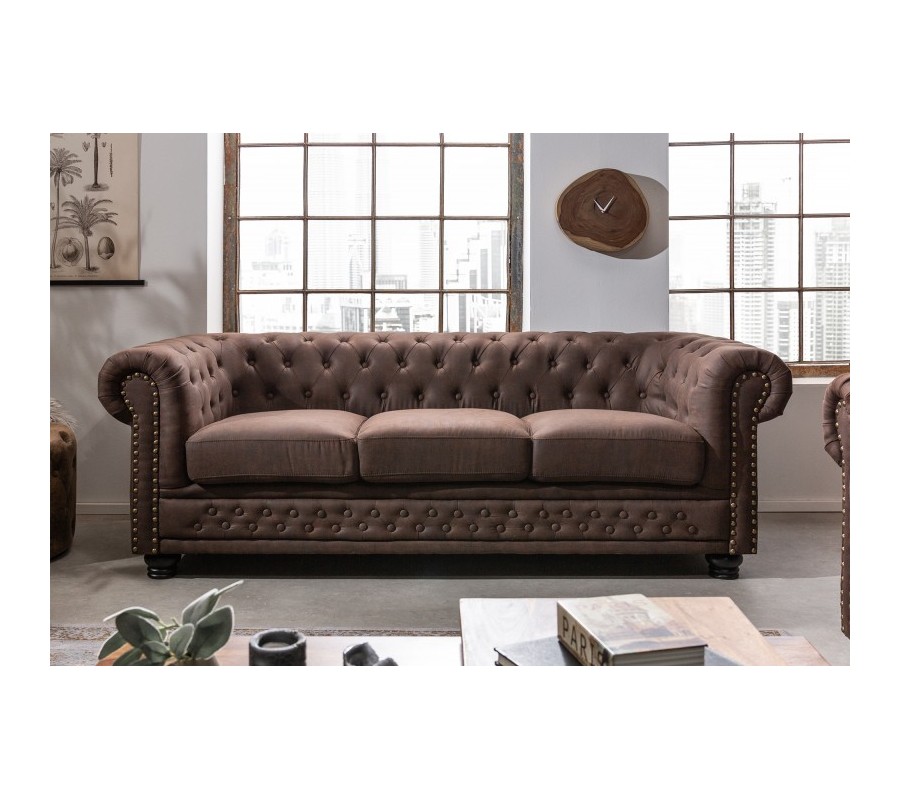 Chesterfield timeless brown three-seater lounger with designer stitching 205cm