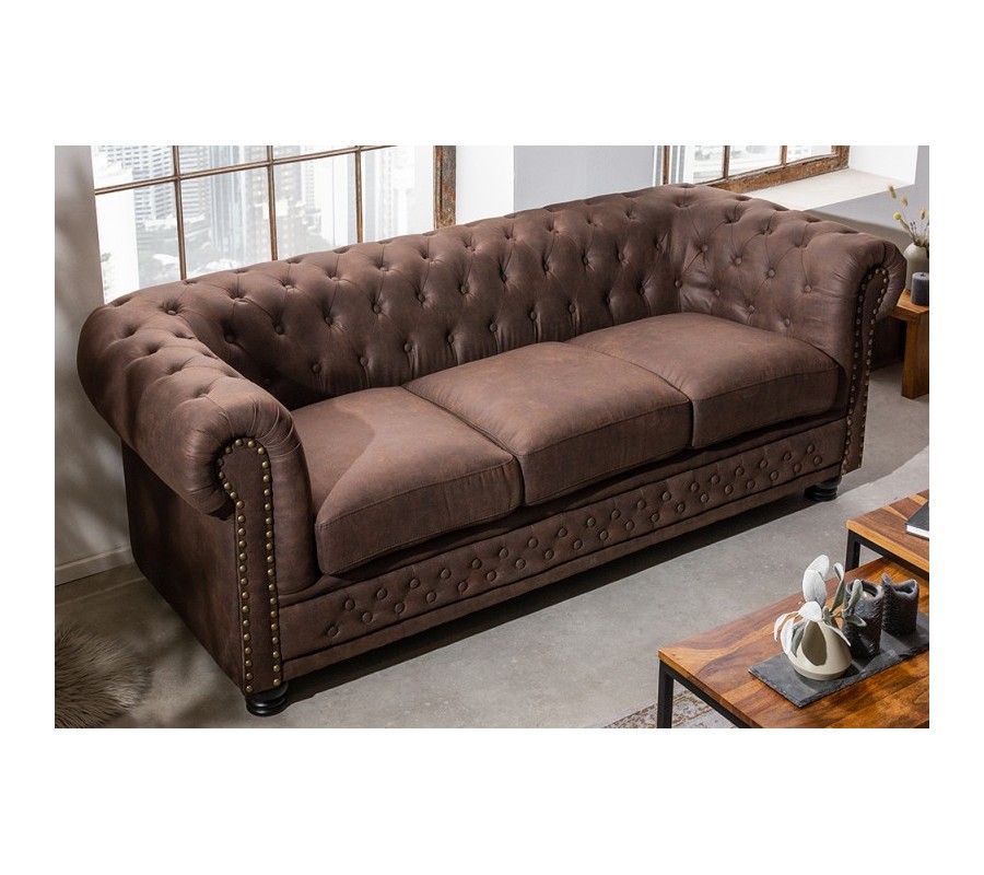 Chesterfield timeless brown three-seater lounger with designer stitching 205cm