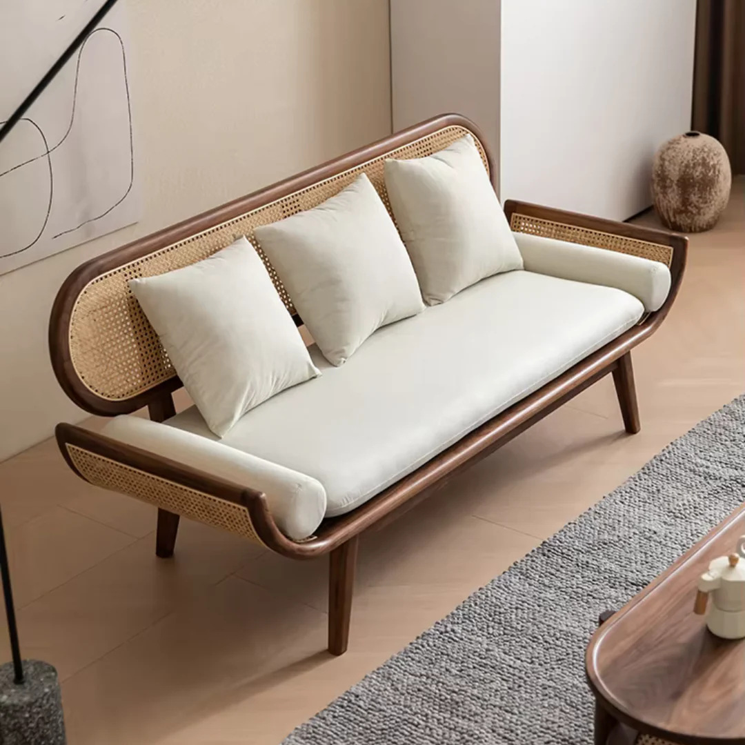  Furneezy Solid Wood Curve Handle Natural Cane Sofa