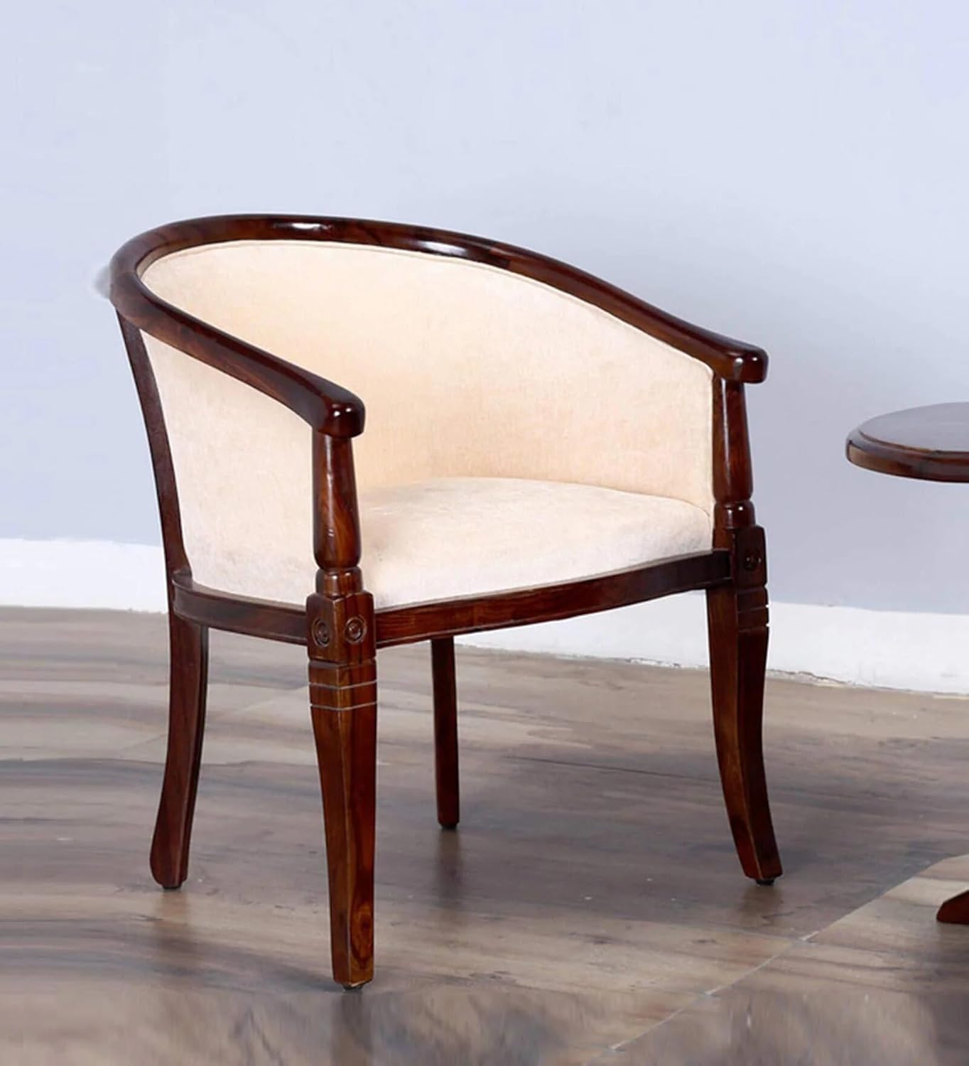 FURNEEZY sheesham Wood Arm Chair with Cream Velvet Uphostry for Living Room and Office