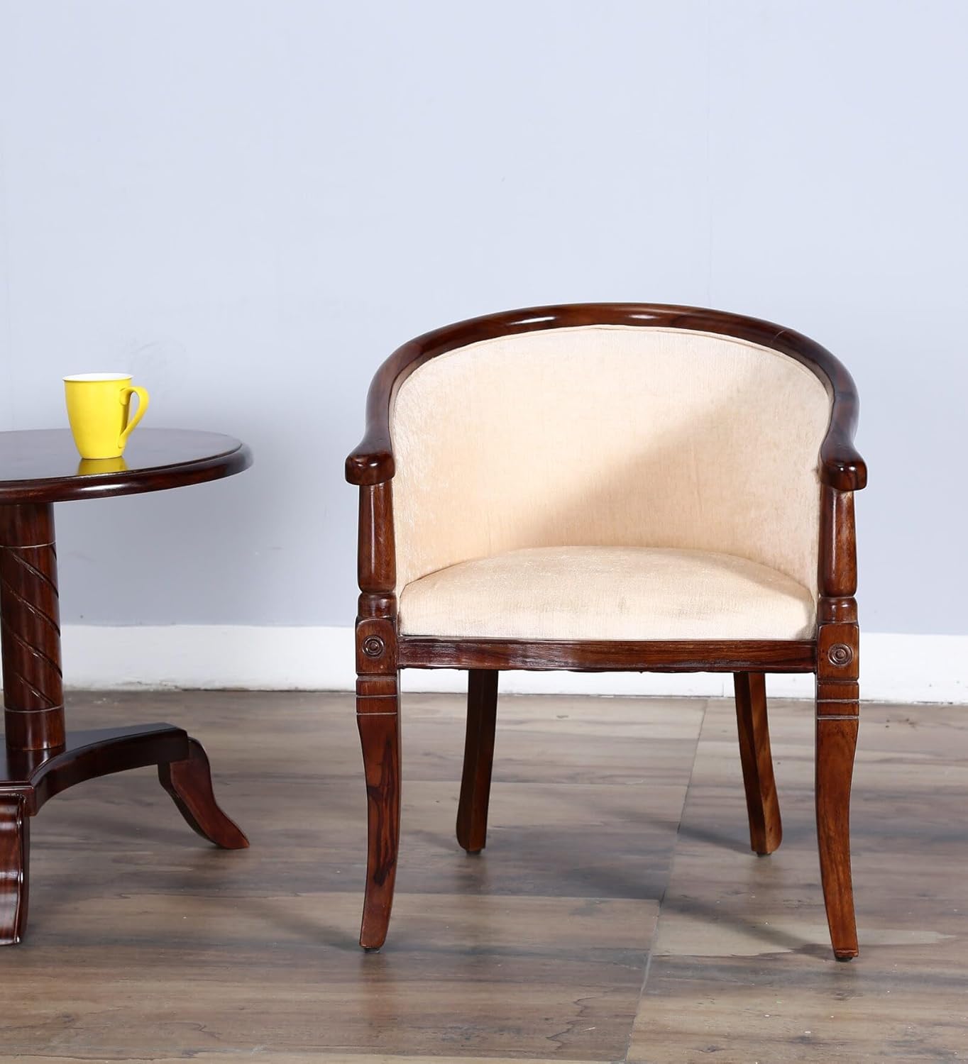 FURNEEZY sheesham Wood Arm Chair with Cream Velvet Uphostry for Living Room and Office