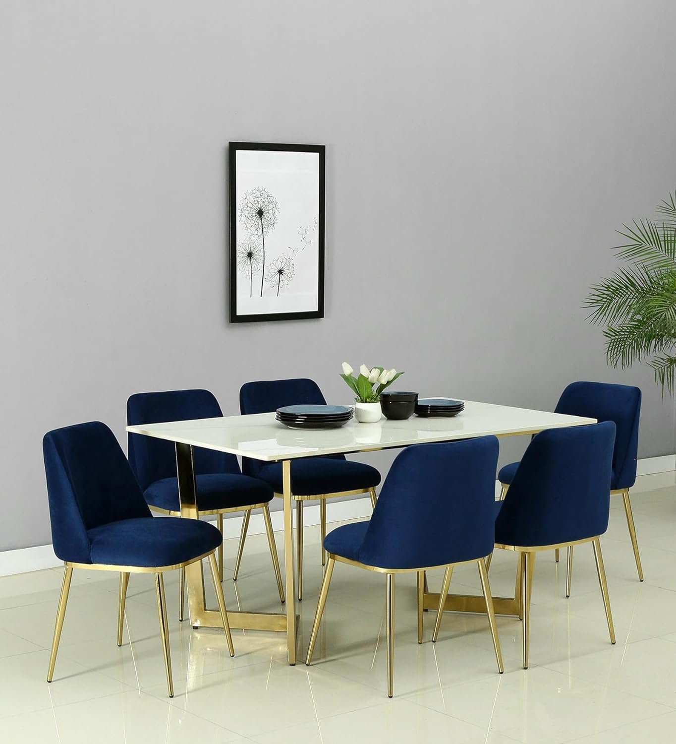 Furneezy White Epoxy Marble Finish Six-Seater Antique Gold Frame Dining Table with Cushion Chairs Meal Table for Dining Room Or Resturants | 150L x 90W x 75H CM