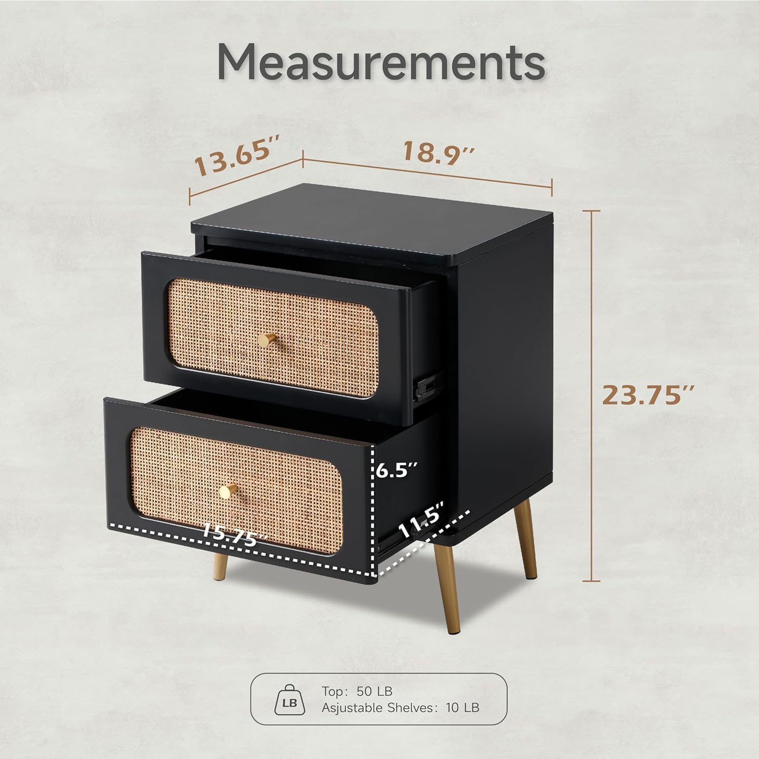 FURNEEZY Wicker Rattan Nightstand, 2-Drawer End Table White Finish Side Table for Small Spaces, Modern Farmhouse Wooden Bedside Table, Boho Mid-Century Coastal Storage Cabinet (Black)