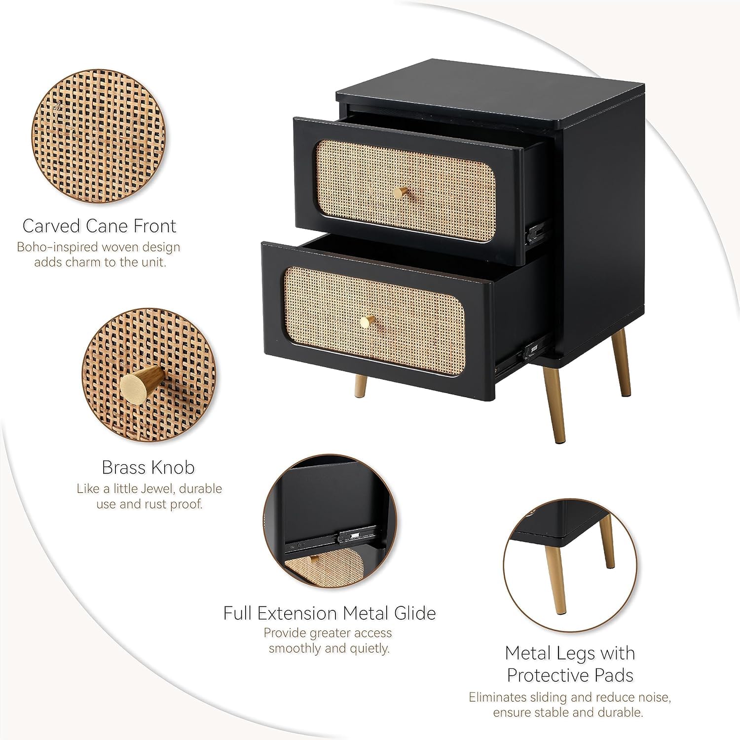 FURNEEZY Wicker Rattan Nightstand, 2-Drawer End Table White Finish Side Table for Small Spaces, Modern Farmhouse Wooden Bedside Table, Boho Mid-Century Coastal Storage Cabinet (Black)