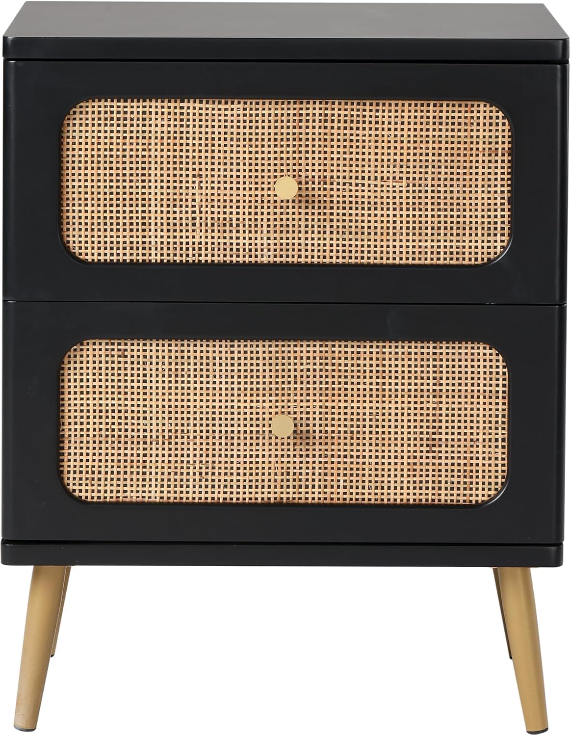 FURNEEZY Wicker Rattan Nightstand, 2-Drawer End Table White Finish Side Table for Small Spaces, Modern Farmhouse Wooden Bedside Table, Boho Mid-Century Coastal Storage Cabinet (Black)