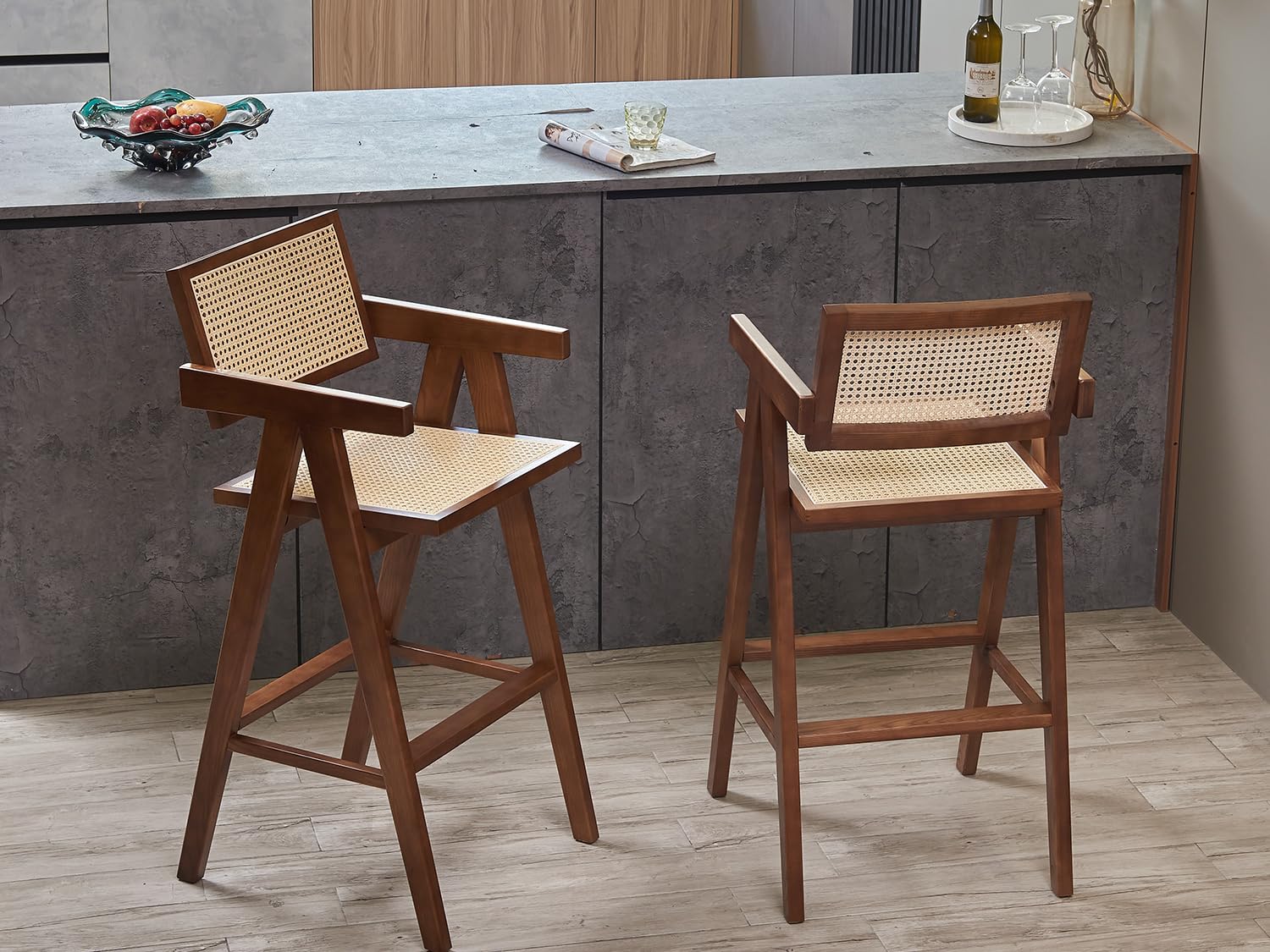 FURNEEZY Wesley Rattan Bar Stools (Set of Two) – Walnut Finidh for Living Room and Bar Room