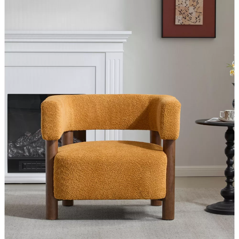 Christopher Knight Home Bram Rubberwood Boucle Upholstered Accent Arm Chair with Open Curved Back
