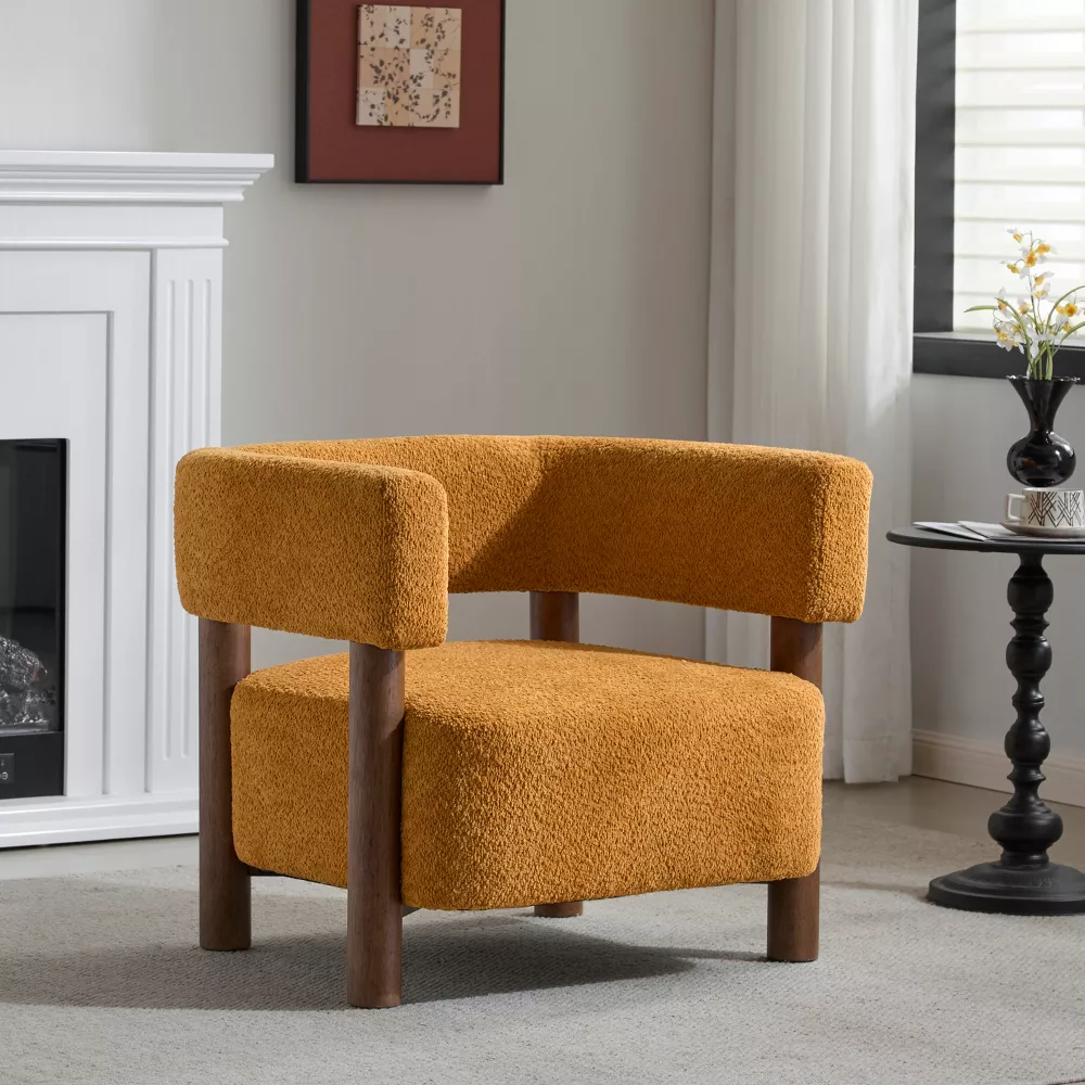Christopher Knight Home Bram Rubberwood Boucle Upholstered Accent Arm Chair with Open Curved Back