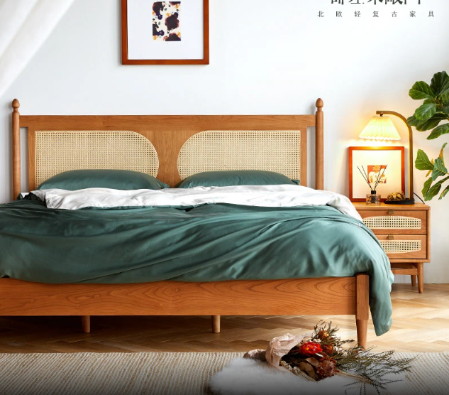 Wooden Queen Size  Bed Frame with Rattan Headboard