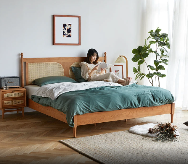 Wooden Queen Size  Bed Frame with Rattan Headboard