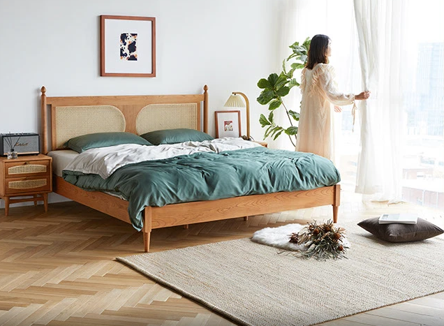 Wooden Queen Size  Bed Frame with Rattan Headboard