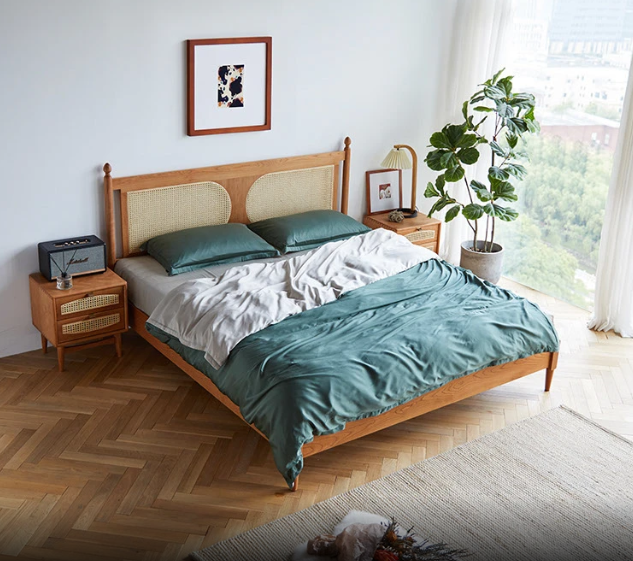 Wooden Queen Size  Bed Frame with Rattan Headboard