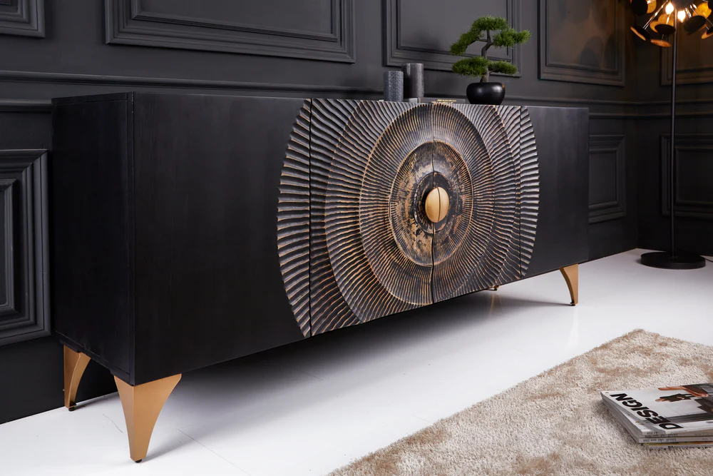 Modern Mango Wood Matte Black Finish  Sideboard For Living Room