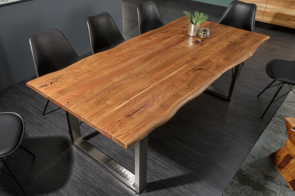 Live-edge acacia Wood  Modern Wooden Dining Table with silver Legs