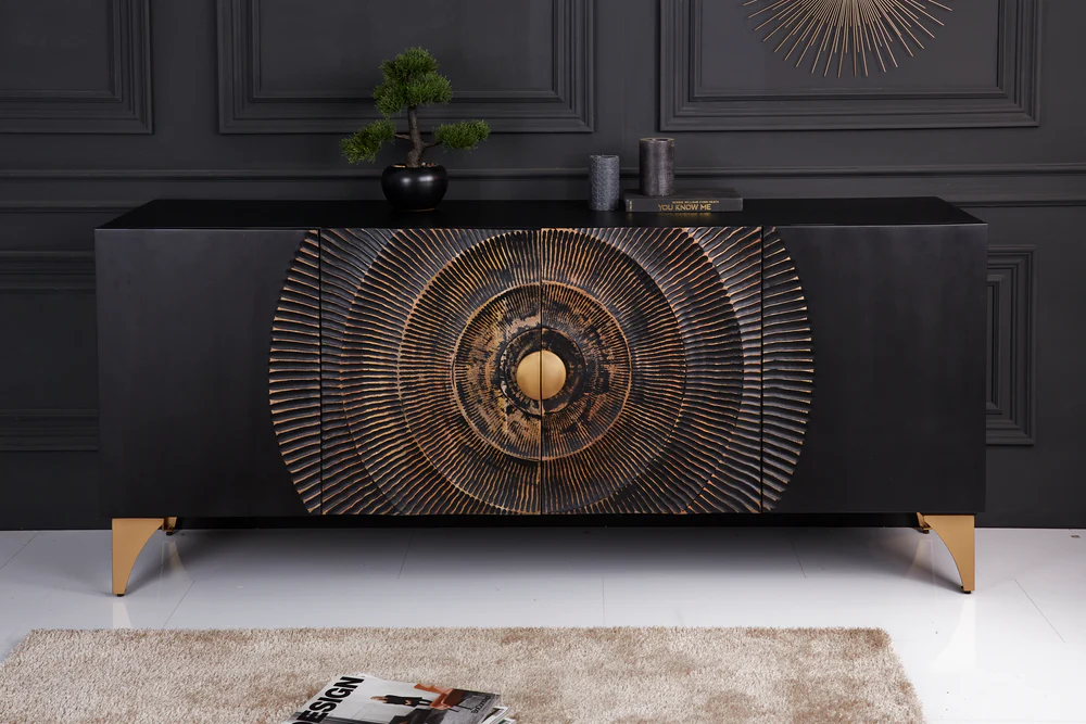 Modern Mango Wood Matte Black Finish  Sideboard For Living Room