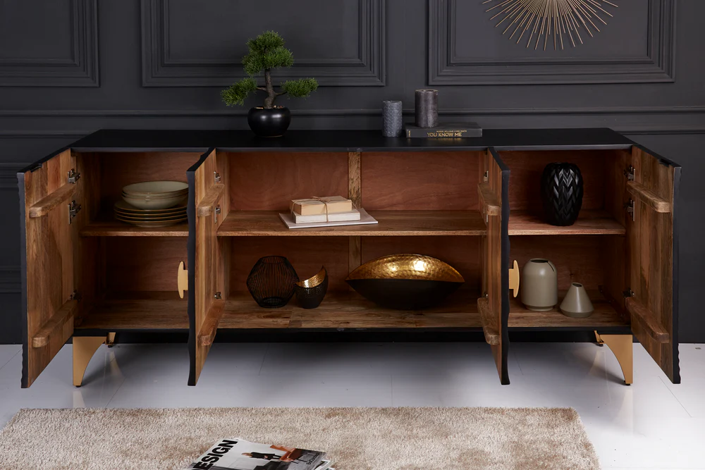 Modern Mango Wood Matte Black Finish  Sideboard For Living Room