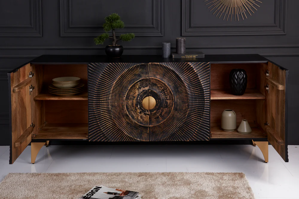 Modern Mango Wood Matte Black Finish  Sideboard For Living Room