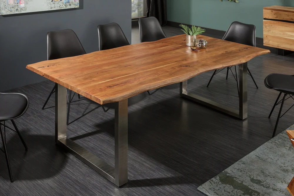 Live-edge acacia Wood  Modern Wooden Dining Table with silver Legs