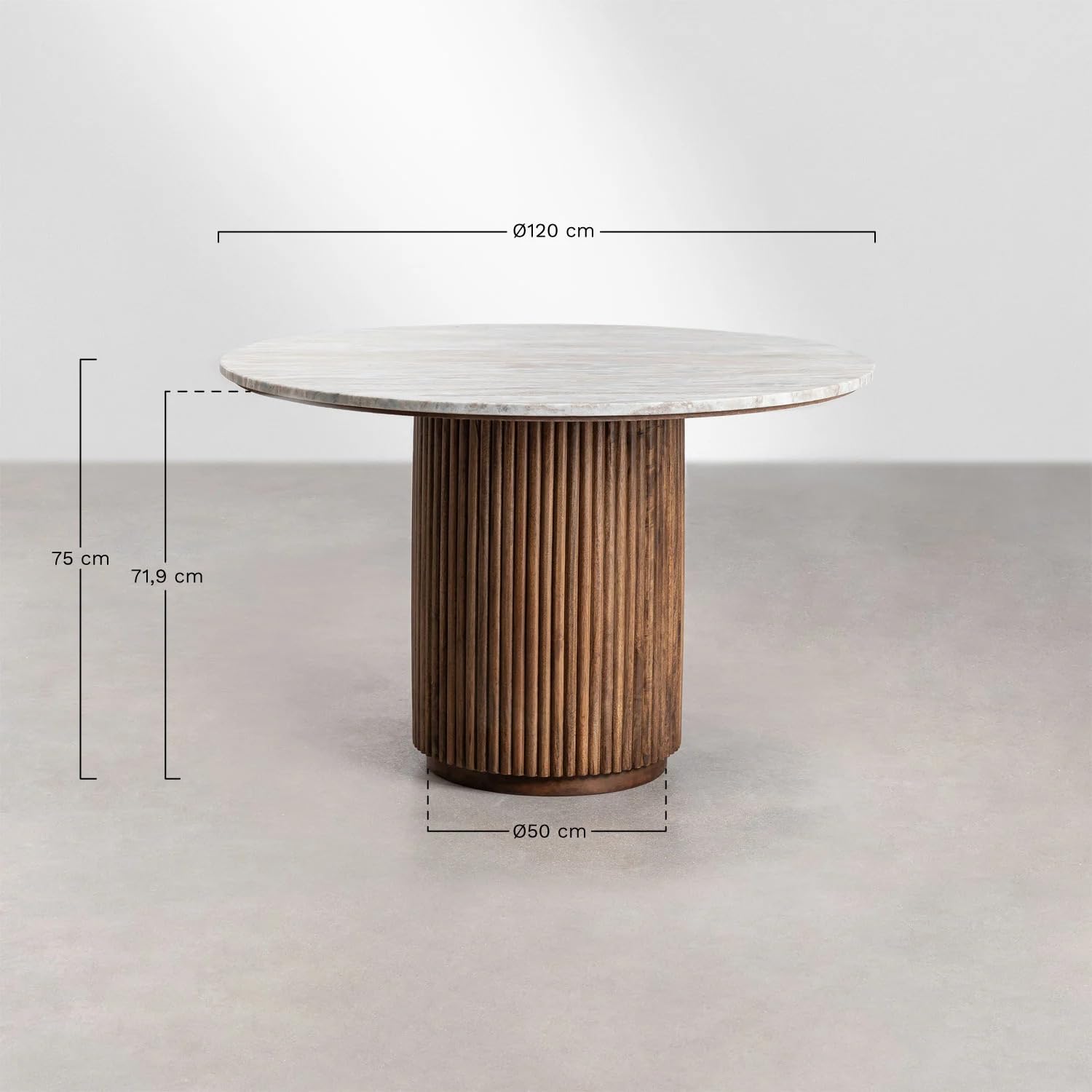 FURNEEZY Round Dining Table in Marble and Mango Wood (Ø120 cm) Giselda | Mango Wood Dining Table 4 Seater with Marble