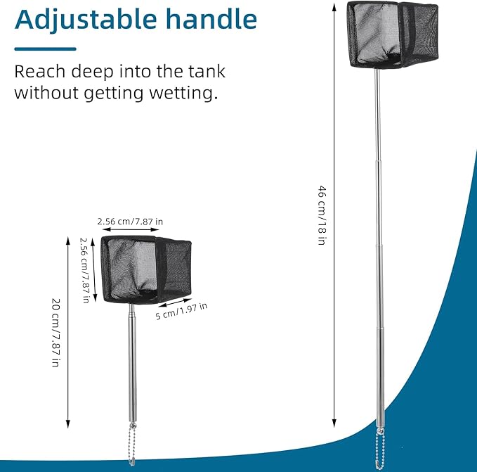 Épuisette pour aquarium avec poignée extensible, 6,3 cm, petit filet de pêche fin et doux, filet télescopique pour aquarium, écumoire, accessoires de nettoyage pour aquarium, étang, ruisseau