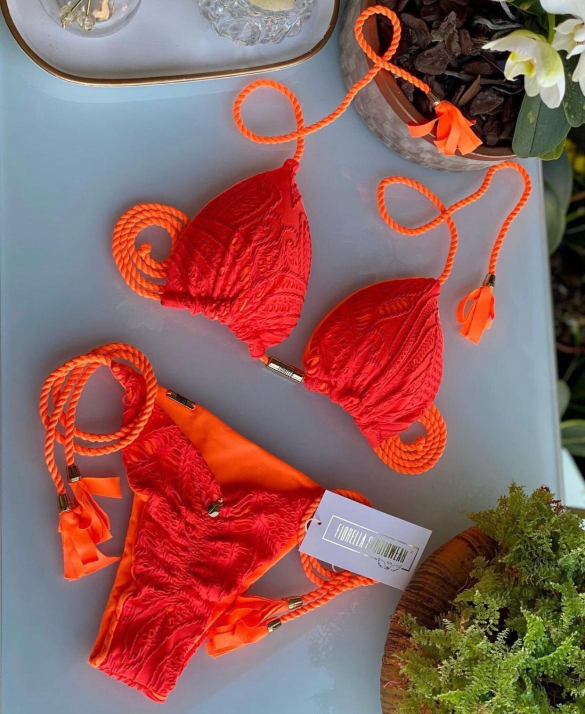 Neon Orange Lace Triangle Bikini
