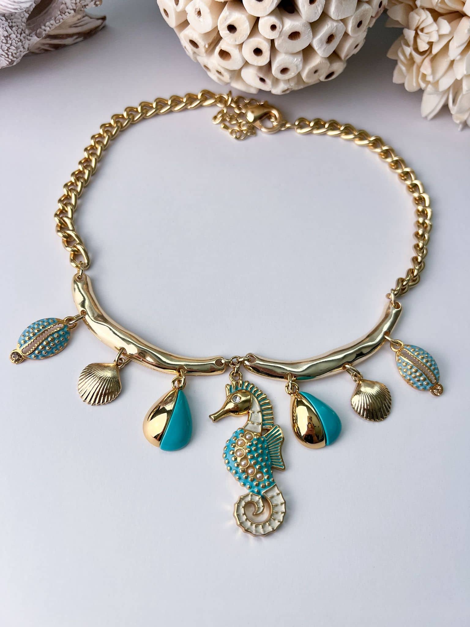Blue and Gold Seahorse Necklace