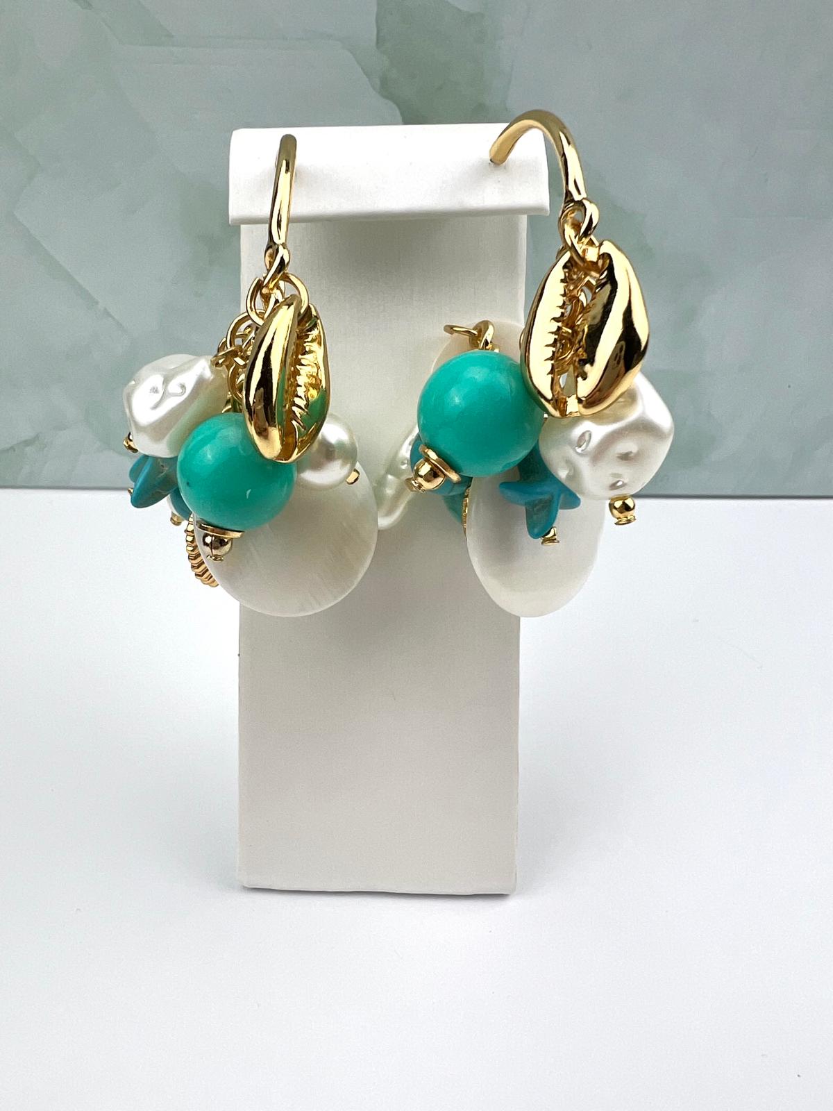 Coastal Charm: Gold-Plated Seashell & Aquamarine Earrings