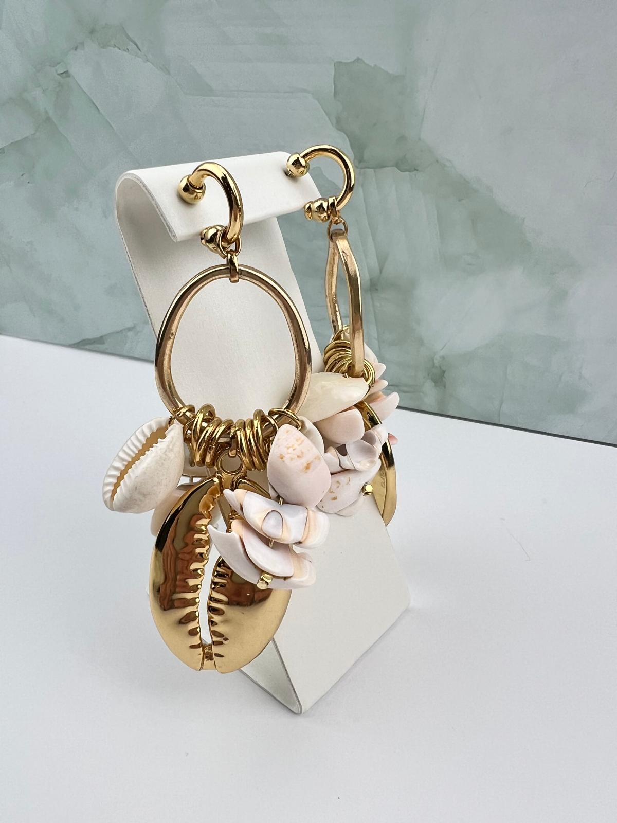 Gold Hoop Shell Cluster Statement Earrings