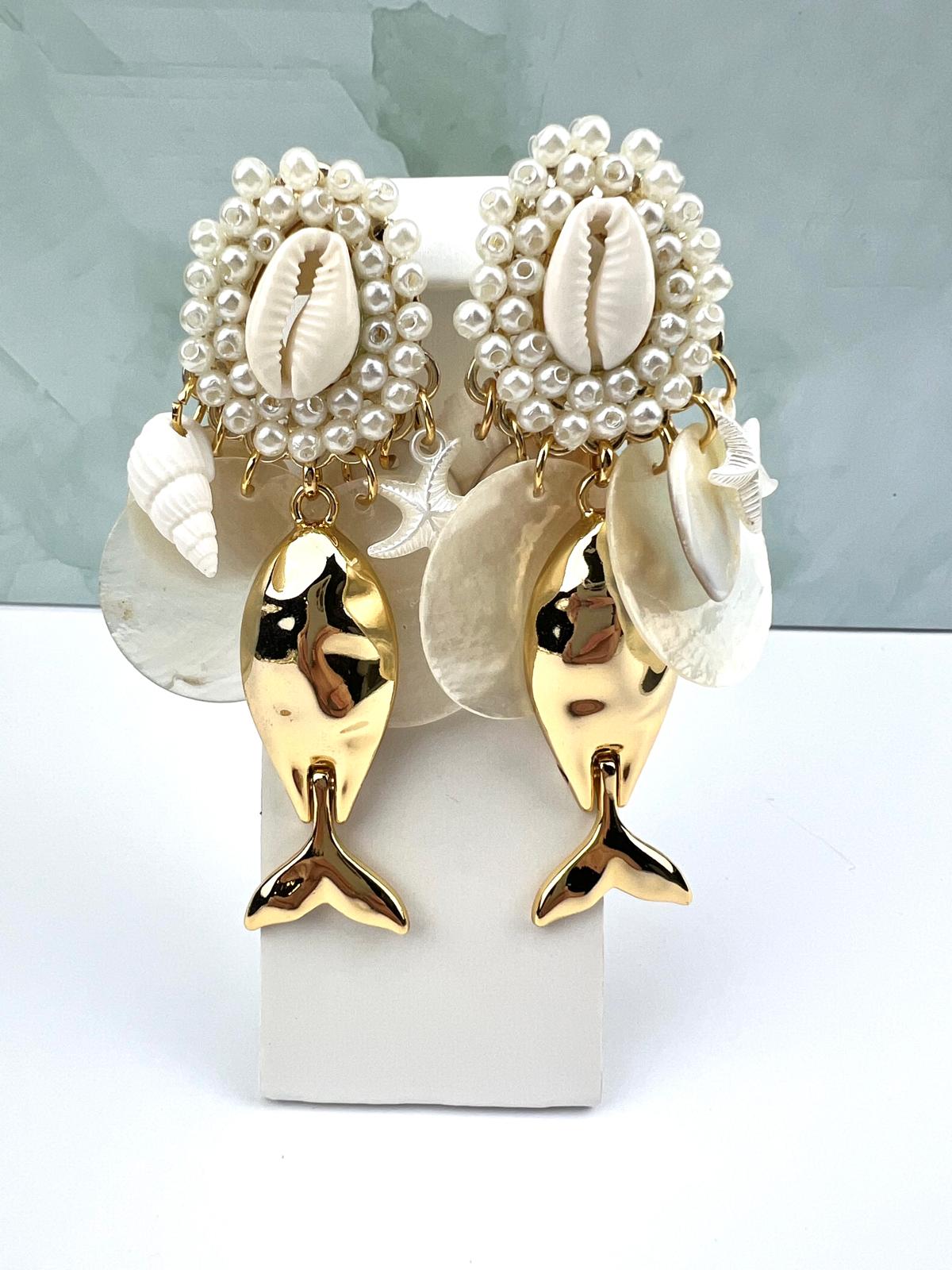 Pearl & Gold Fish Drop Earrings