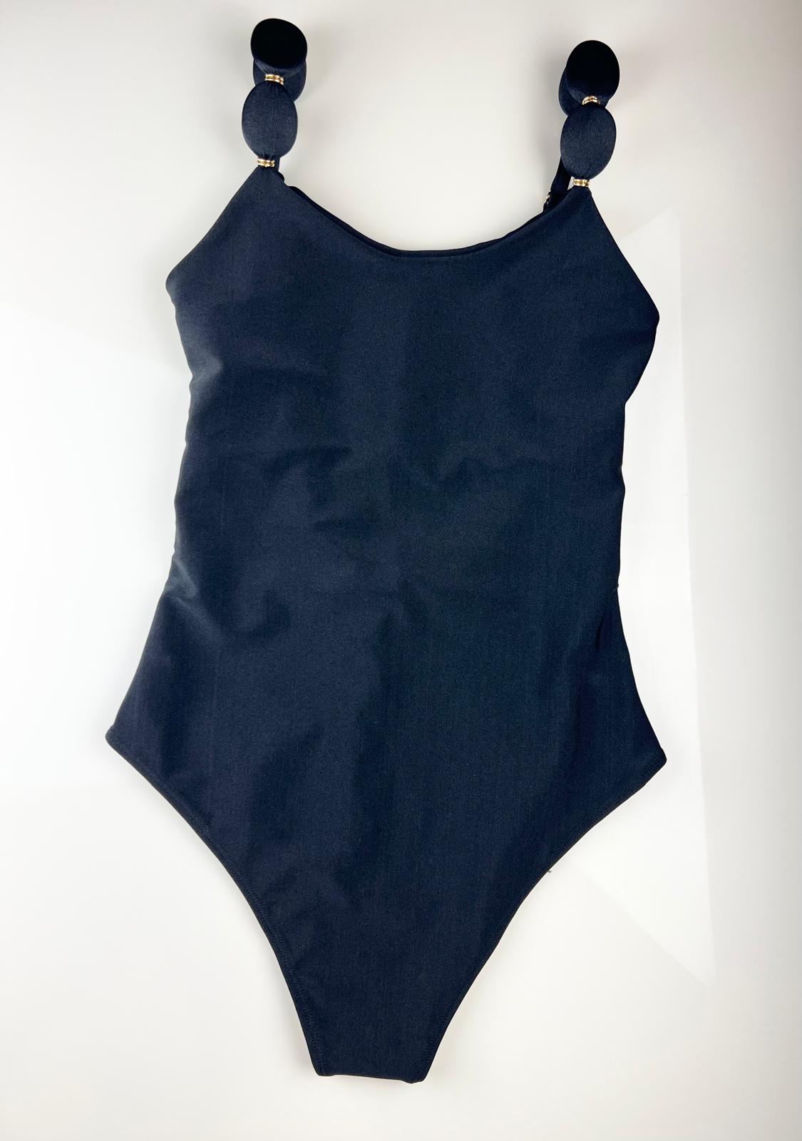 Black Bodysuit Swimsuit – One-Piece with Beaded Straps and Gold Details | Sleek & Stylish Swimwear / Fitness Wear