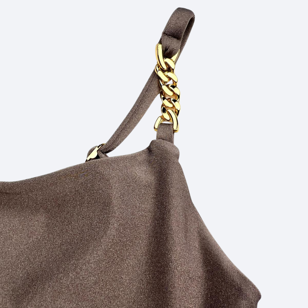 Dark Taupe Sculpt Fit Crop Top with Gold Chain Straps - Irina