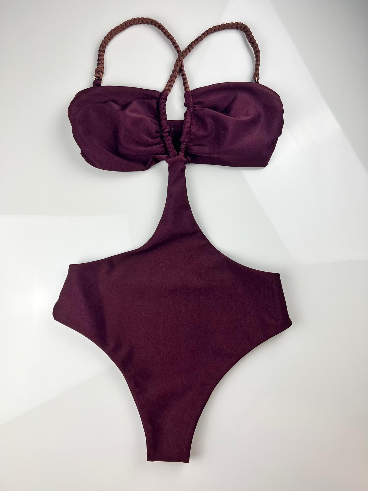 Maroon Monokini – Fitness & Swim Bodysuit with Brazilian Cut and Braided Straps