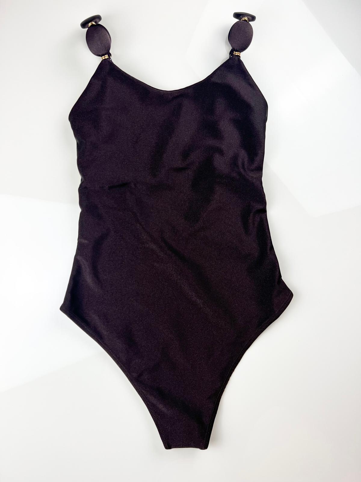 Dark Coffee Brown Bodysuit Swimsuit – One-Piece with Beaded Straps and Gold Details | Sleek & Stylish Swimwear / Fitness Wear