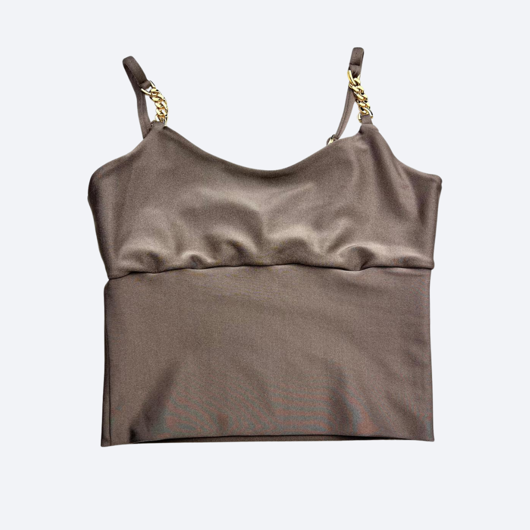 Dark Taupe Sculpt Fit Crop Top with Gold Chain Straps - Irina