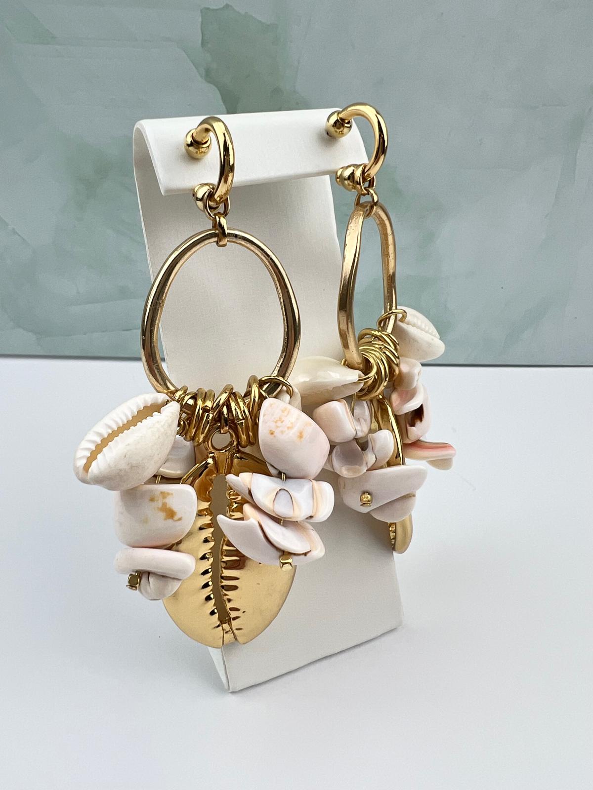 Gold Hoop Shell Cluster Statement Earrings
