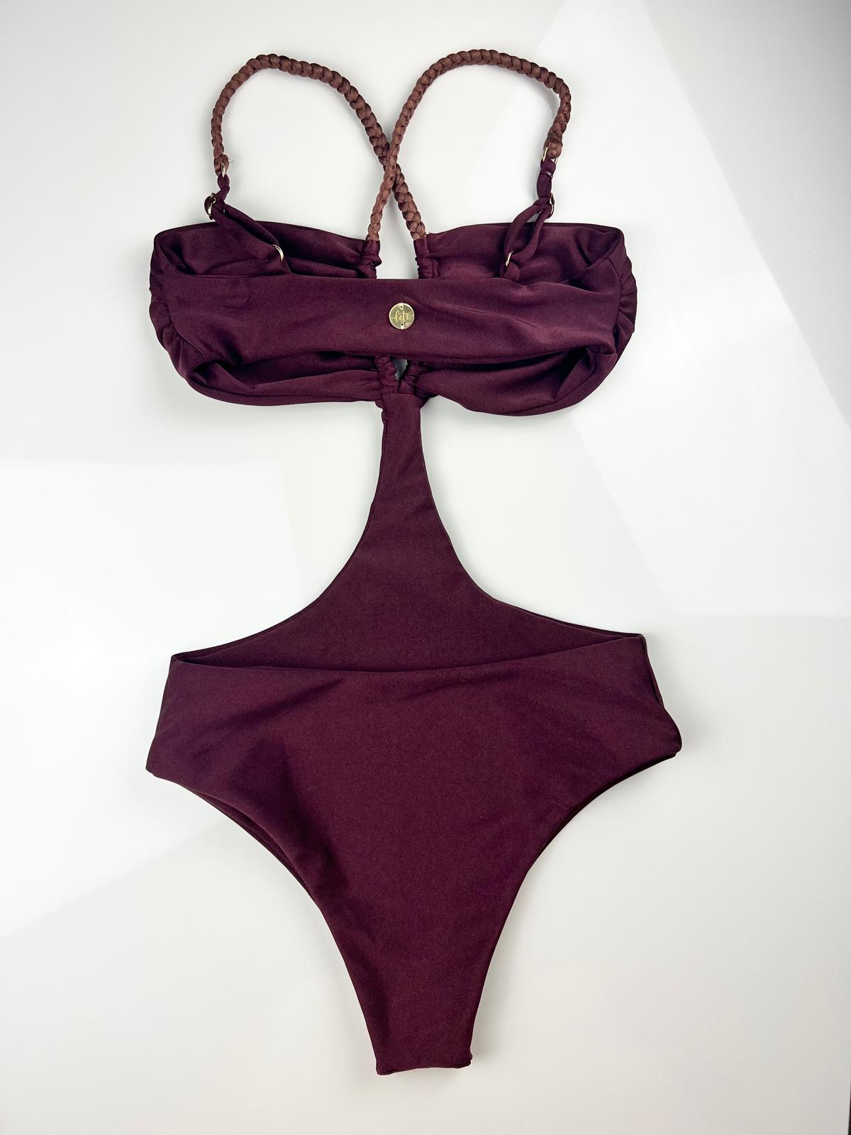 Maroon Monokini – Fitness & Swim Bodysuit with Brazilian Cut and Braided Straps