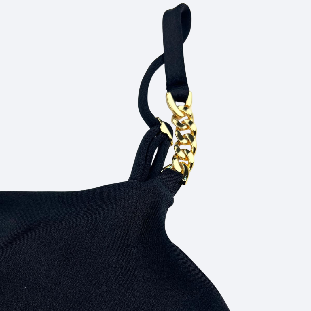 Black Sculpt Fit Crop Top with Gold Chain Straps - Irina