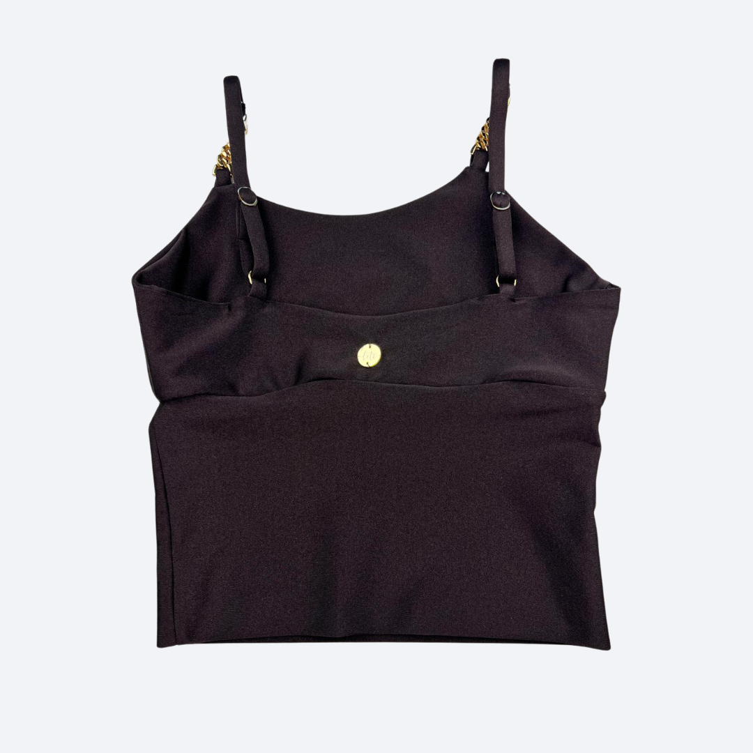 Coffee Sculpt Fit Crop Top with Gold Chain Straps - Irina