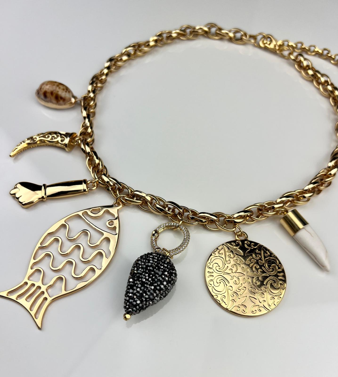Coastal Charm Necklace with Gold Fish, Shell & Boho Pendants – Statement Jewelry