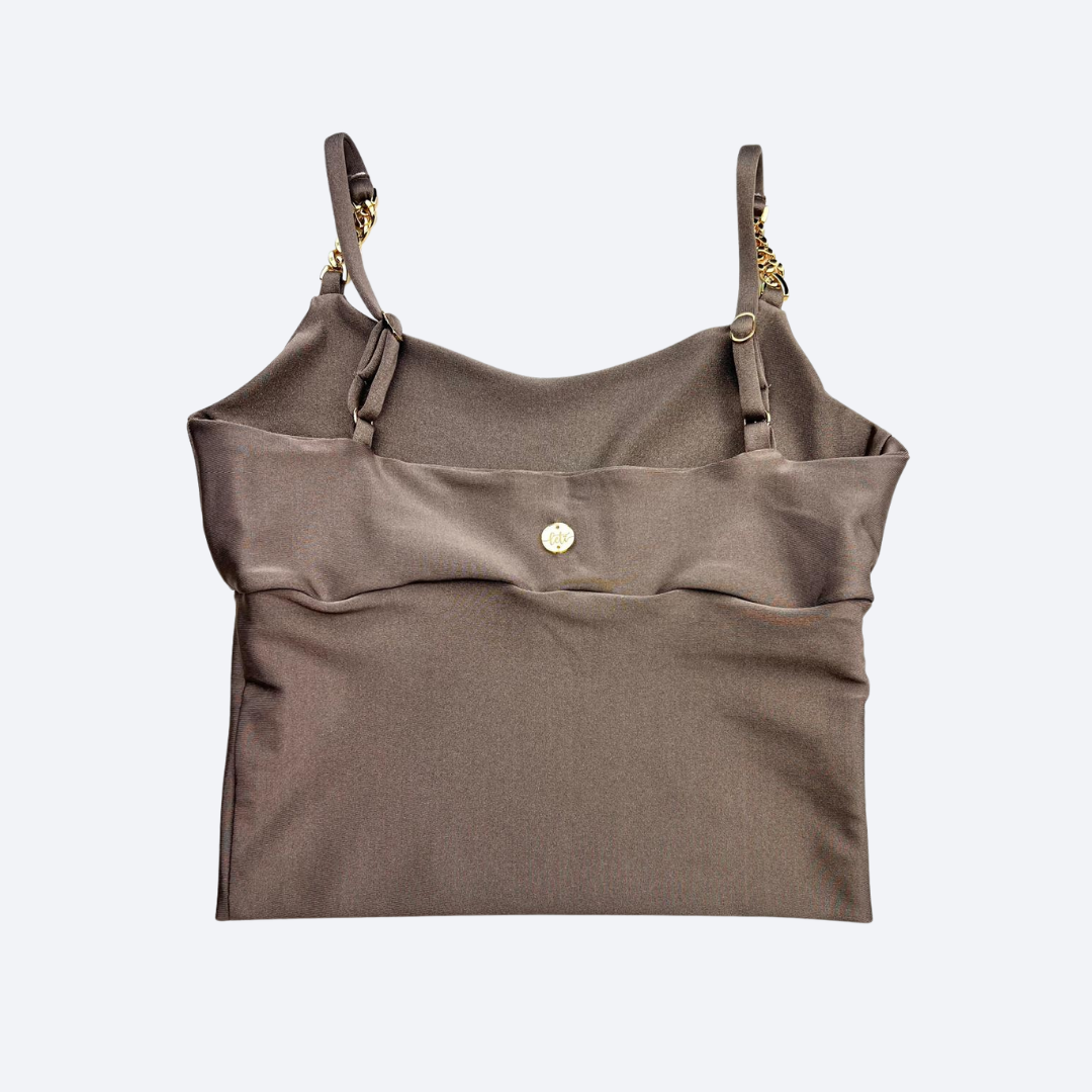 Dark Taupe Sculpt Fit Crop Top with Gold Chain Straps - Irina