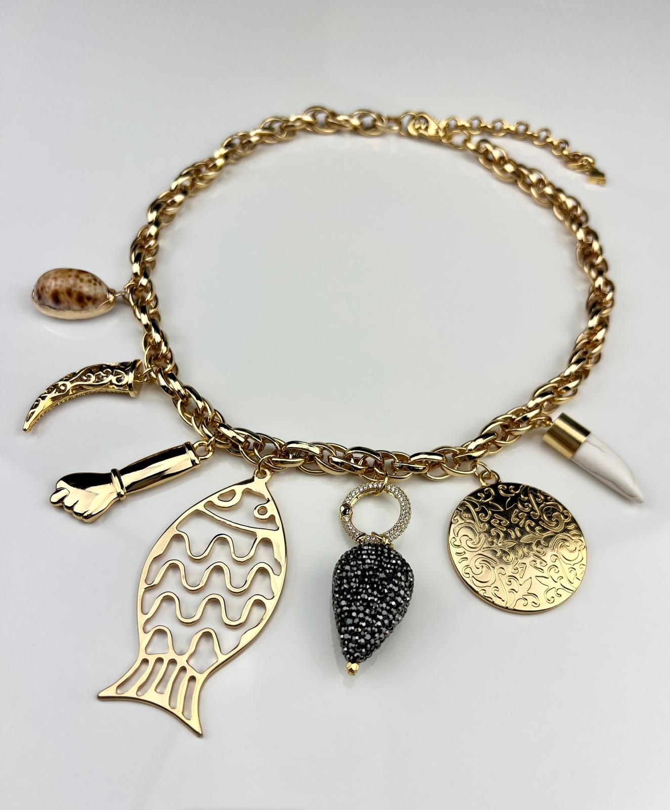 Coastal Charm Necklace with Gold Fish, Shell & Boho Pendants – Statement Jewelry
